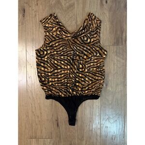 Vintage Cache Womens Metallic Gold Zebra Print Cowl Neck Bodysuit Large USA Made